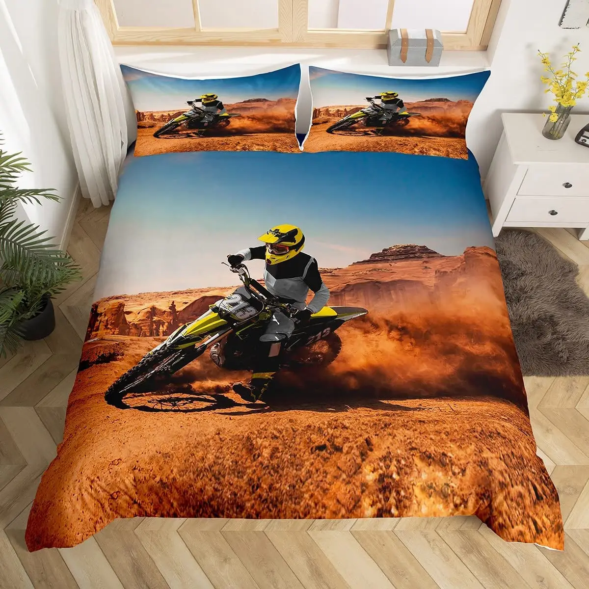 

Dirt Bike Duvet Cover Set Extreme Sports Bedding Set Motocross Rider Comforter Cover Cool Motorbike Bedspread Cover Queen Size