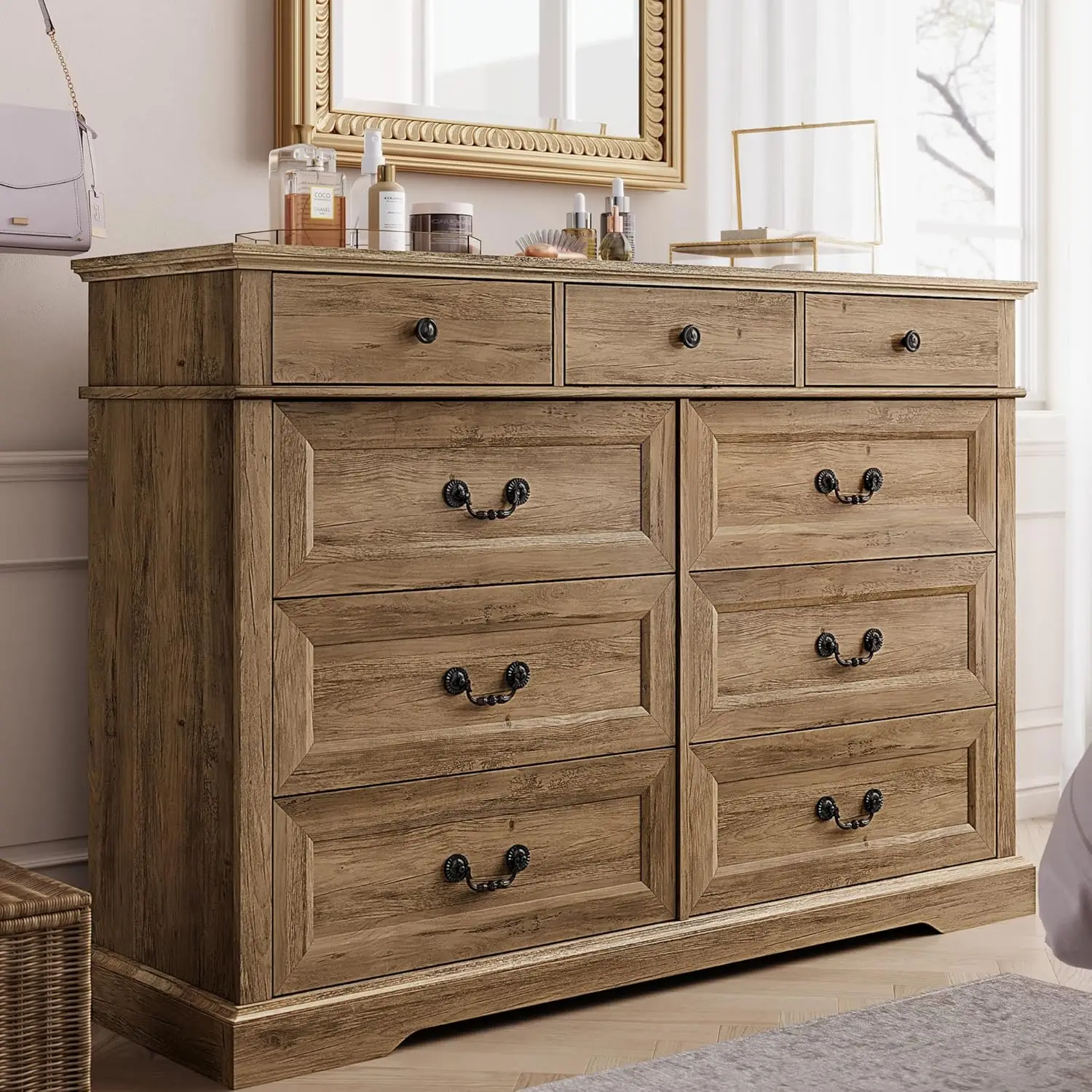 HOME 9 Drawers Dresser for Bedroom, Wood Bedroom Dresser Farmhouse Drawer Chest, 9 Chest of Drawer, Tall Dresser for Closet, Dre