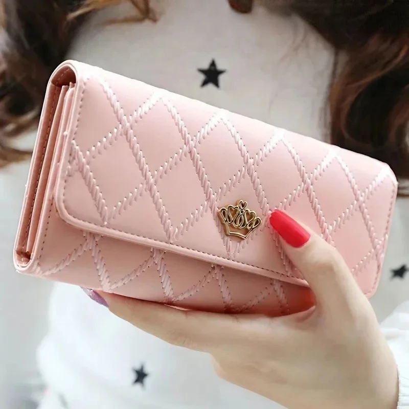 BOMO Long Wallet for Women Pure Colour Crown Casual Elegant Coin Purse Pu Leather Fold High Capacity Aesthetic Bag Pretty Wallet