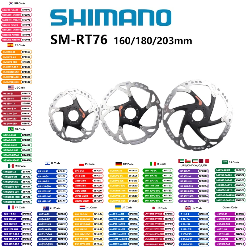 Shimano SM-RT66 SM-RT76 DEORE XT SM-RT86 Disc Brake Rotor Disc Centerline Center 6 Bolts MTB Bike Rotor Bolts 160mm/180mm/203mm