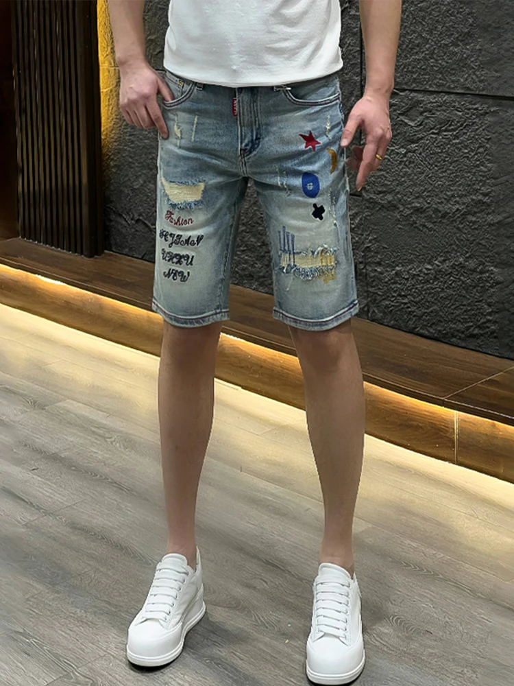 

American Sle Men's ort Jeans Summer Faion Personali Slimming Embroidered Hole Five-Point Straight Tube Casual orts