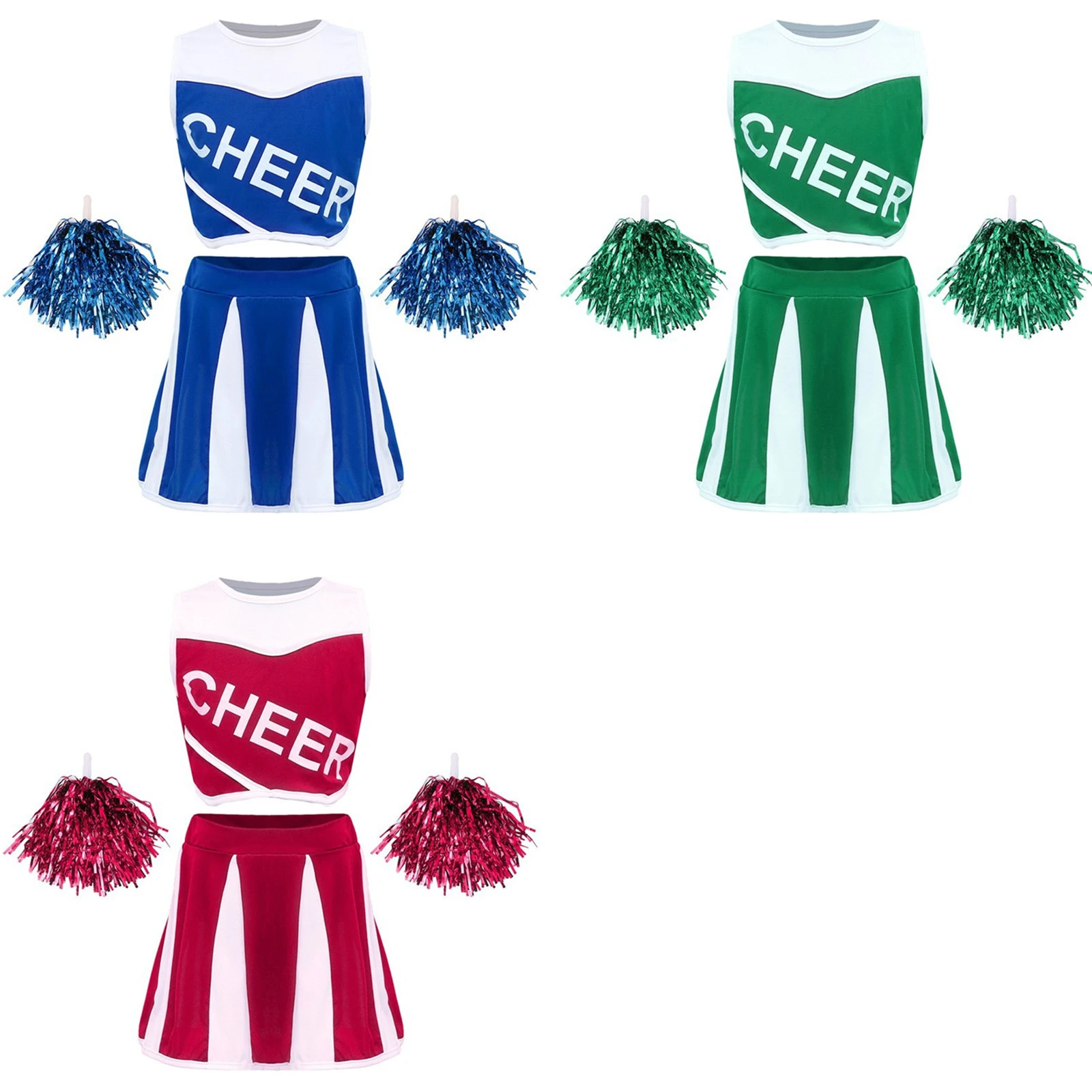 

Kids Cheerleader Costume Set Cheer Crop Top Pleated Skirt Pom Poms Girls Cheerleading Outfit for Sports Games