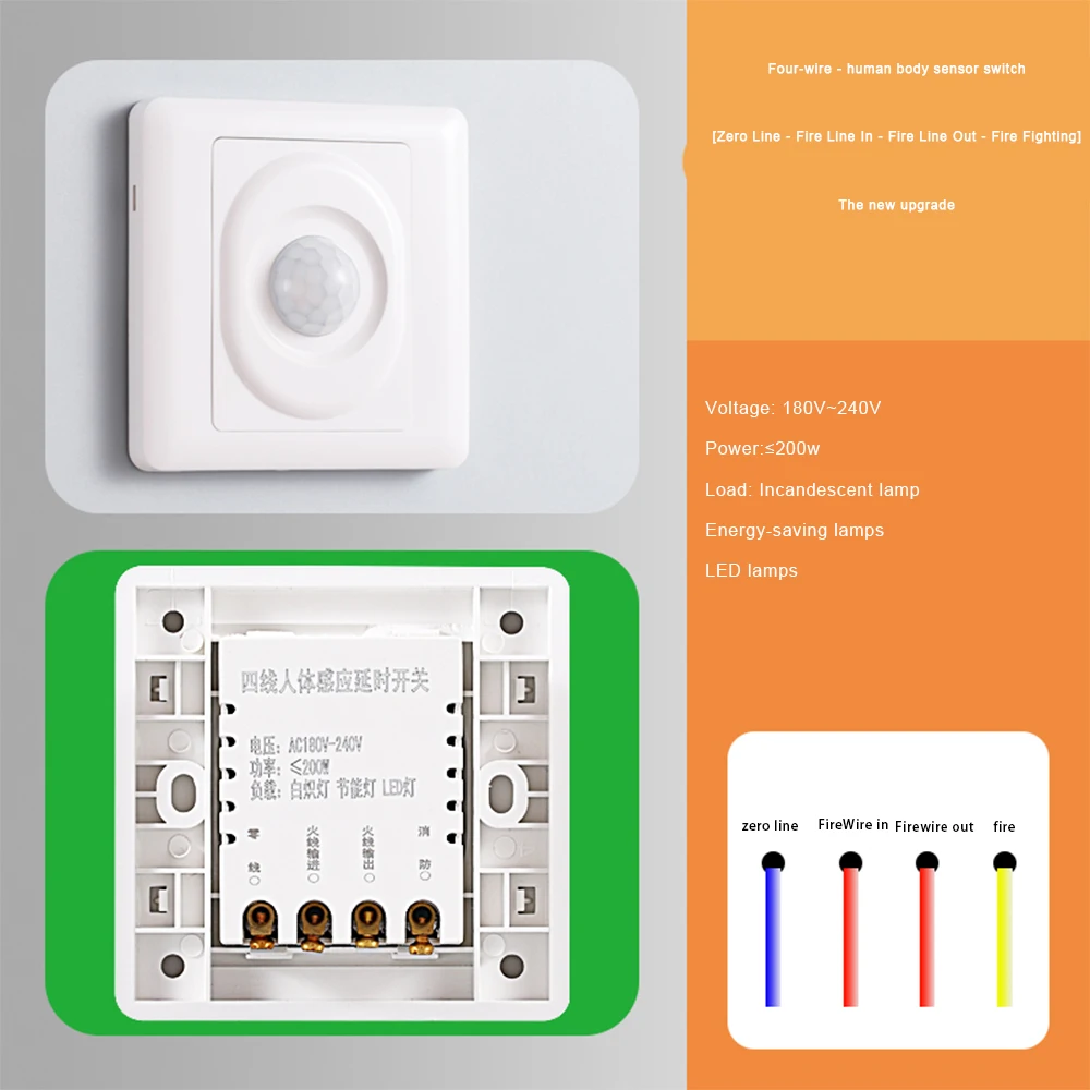 Zero Line/fire Line Infrared Human Body Induction Switch 220V 86 Type Staircase Intelligent Delay Switch Three-wire/Four-wire