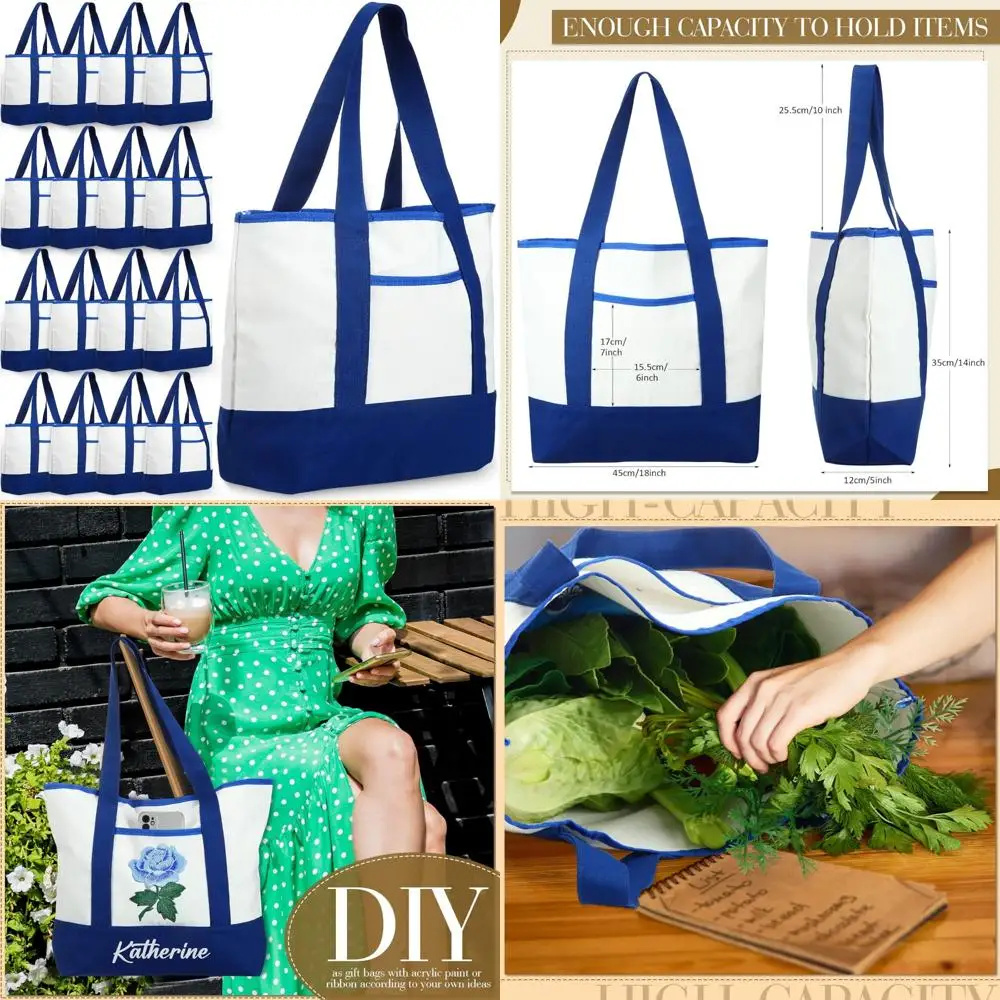 ถุงช้อปปิ้งแบบใช้ซ้ำได้ แพ็ค 16 ใบ ถุงผ้าแคนวาสพร้อมช่องด้านนอก ขนาด 18 นิ้ว สำหรับผู้หญิง คุณแม่ และงาน DIY