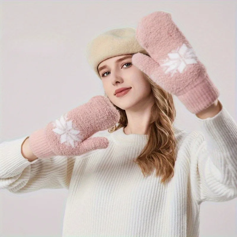 따뜻하고 두꺼운 자수 장갑 여성용 가을 겨울 니트 장갑 (양털 안감 및 이중 레이어 방한 손가락 장갑 포함)