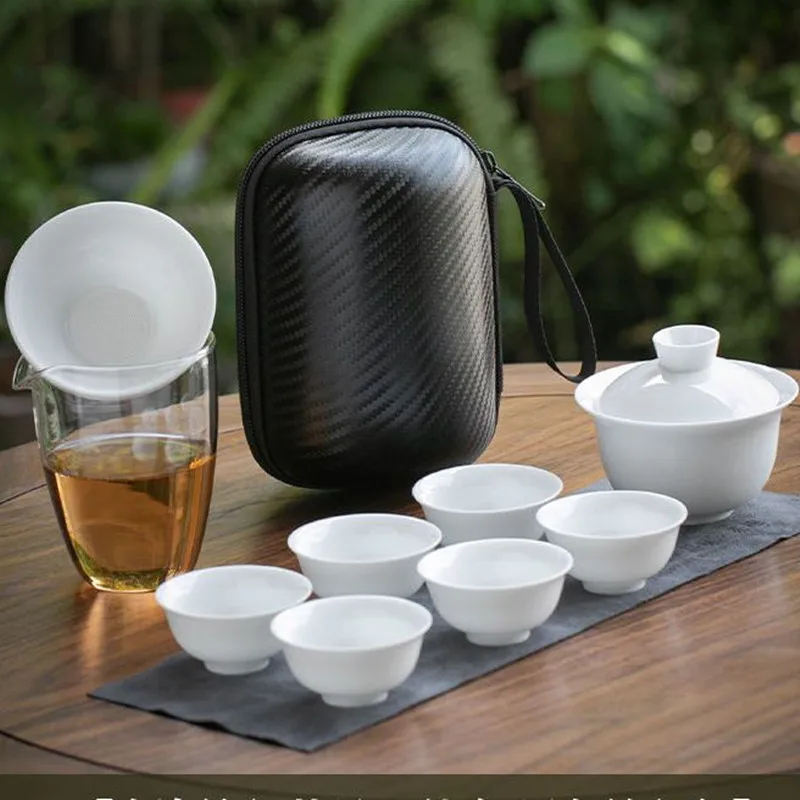 Dehua White Porcelain Travel Tea Set Outdoor Travel Portable Glass Quick Cup Camping Tea Set 1 Pot 6 Cups 11PCS Friend Gift