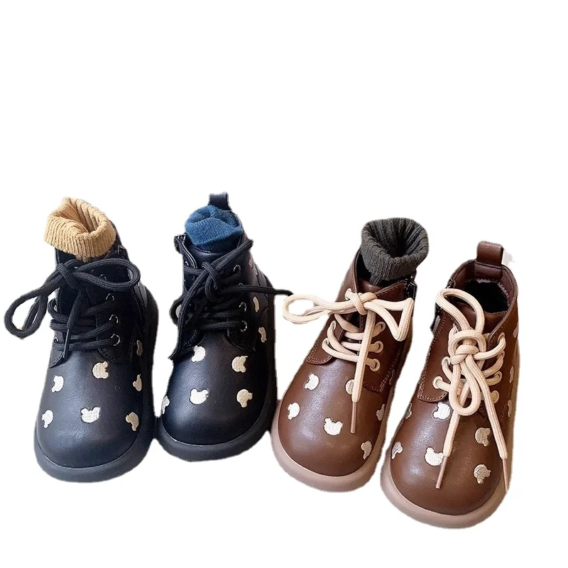 

Polka Dot Fashion Leather Ankle Boots Girls Bootie Lace-up Boys Shoes Kids Moccasins Korean Winter Toddler Boots