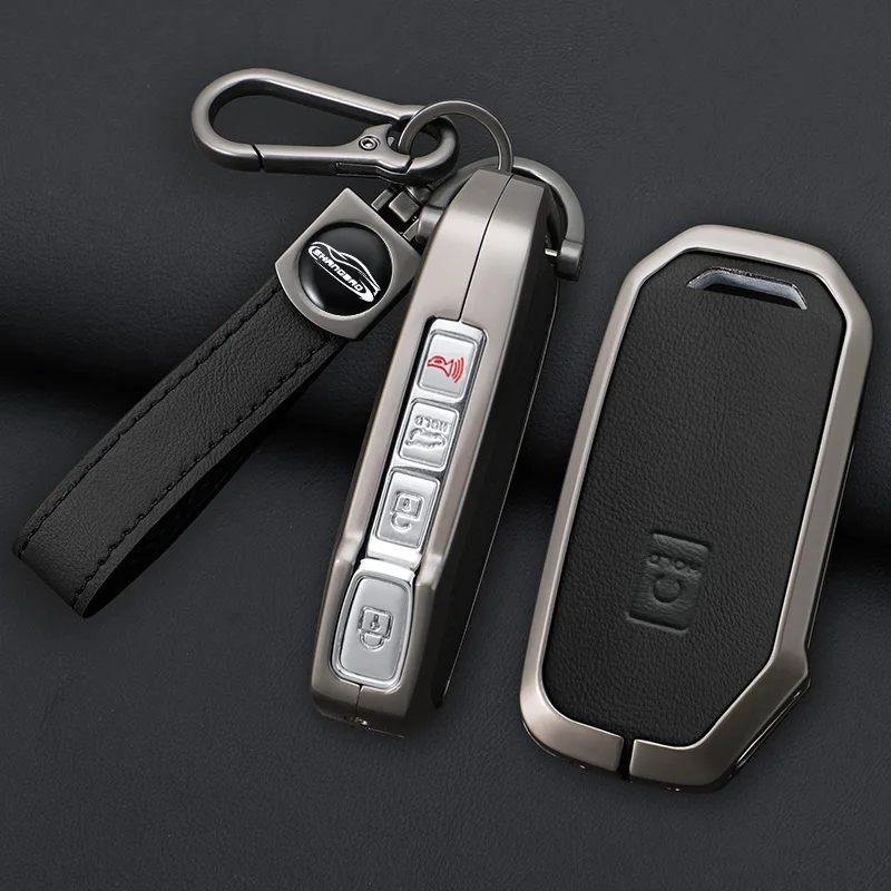 Metal+leather Key Shell Fob Holder for Kia Sorento MQ4 2020 2021 2022 EV6 K8 V6 7 Buttons Car Remote Key Case Cover Protector