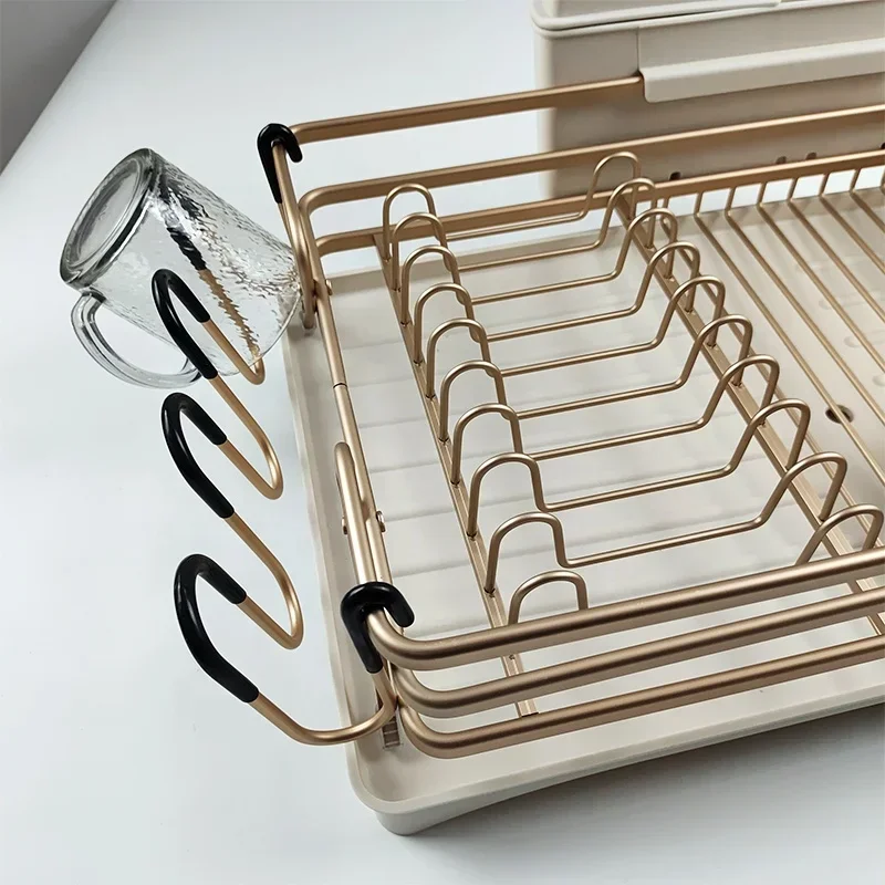 New  Hot Sale Aluminum Gold Sink Dish Rack Dish Drainer Rack Kitchen Sink Dish Drying Rack With Drainboard Set