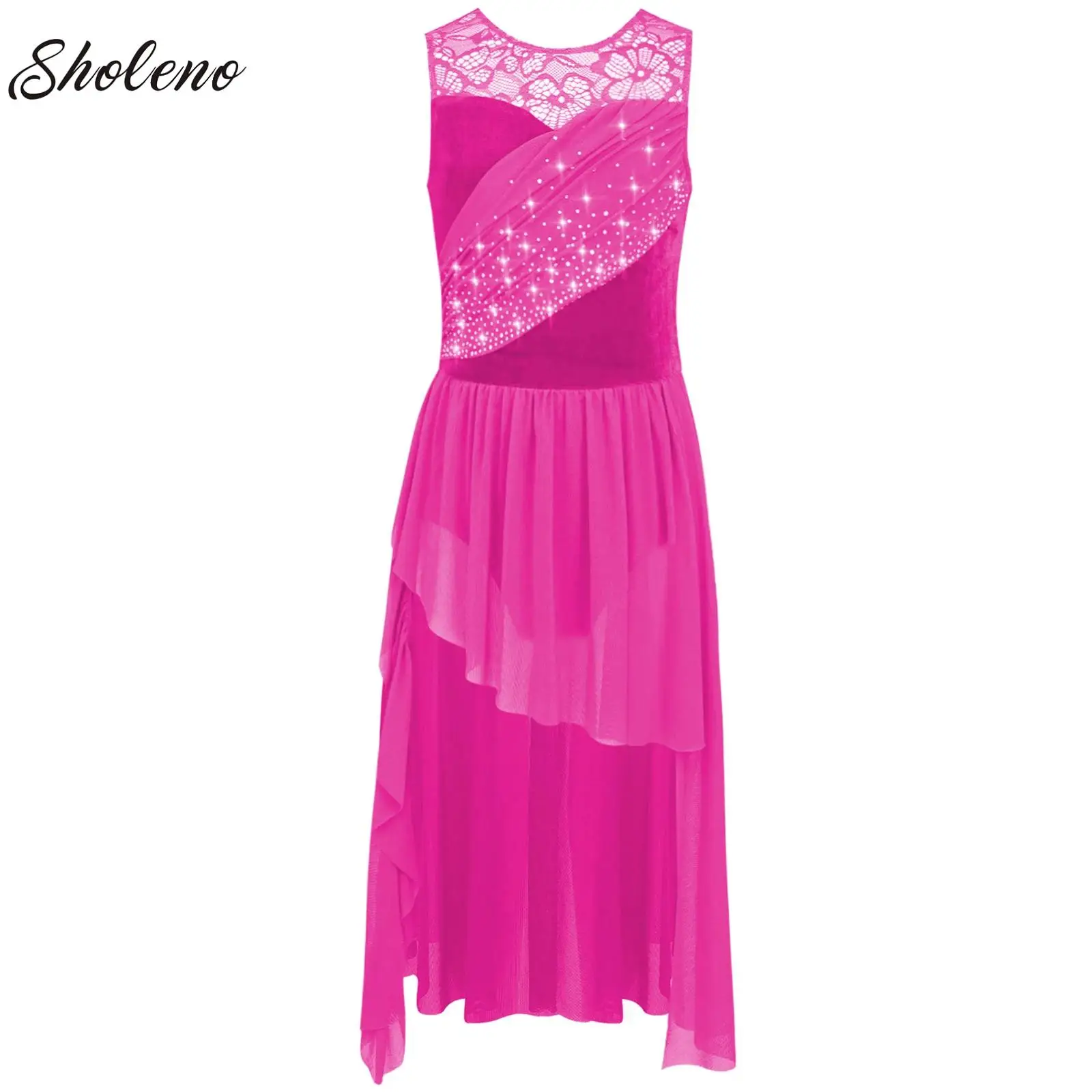 

Kids Girls Ballet Lyrical Dance Dress Performance Costume Dancewear Lace Patchwork Ruched Mesh Overlay Sparkly Rhinestones Dress