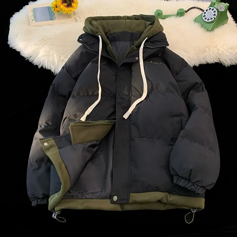 

Trendy Thiened Cotton Jaet Hooded Fake Two-Piece Men Women Winter Casual Warm Bread Sle Clothing Youth Daily Wear