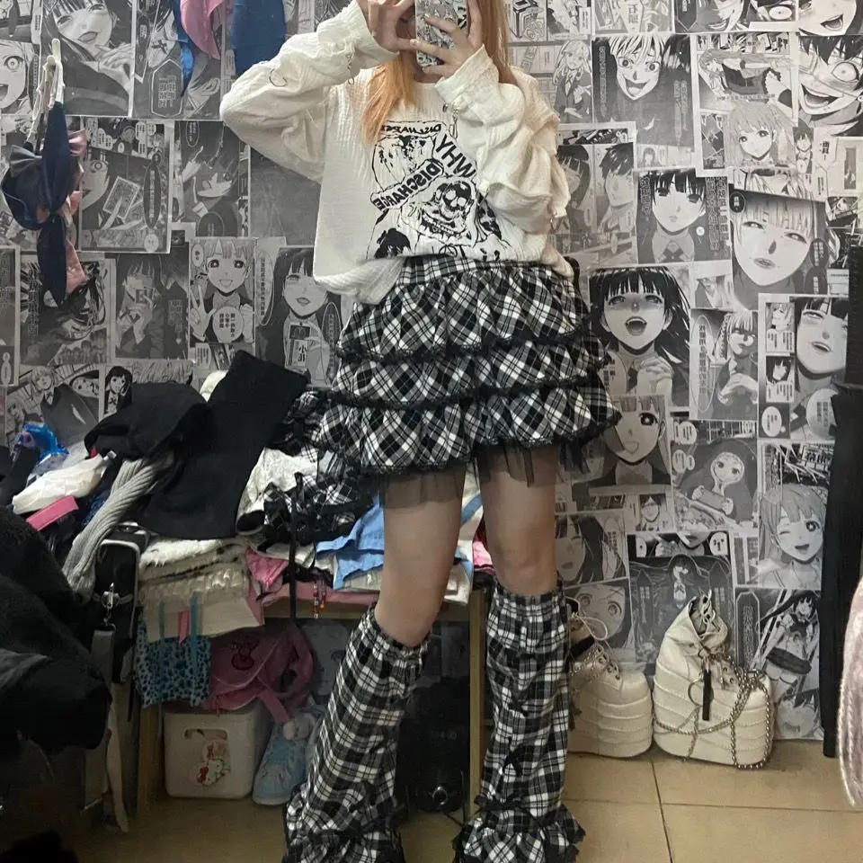 Ruibbit Japanese Red Black White Harajuku 3-layer Cake A-LINE Skirt Soft Girl Punk Ball Gown Lace Plaid Short Mini Skirt