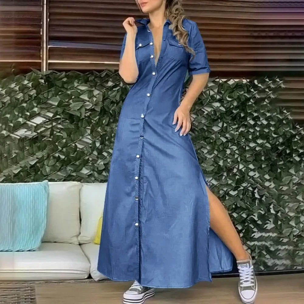 Summer Oversized Women's L-5XL Plus Size Lapel Button Denim Dress Solid Color Oversized Loose Slit Dress Fashion Casual Pocket