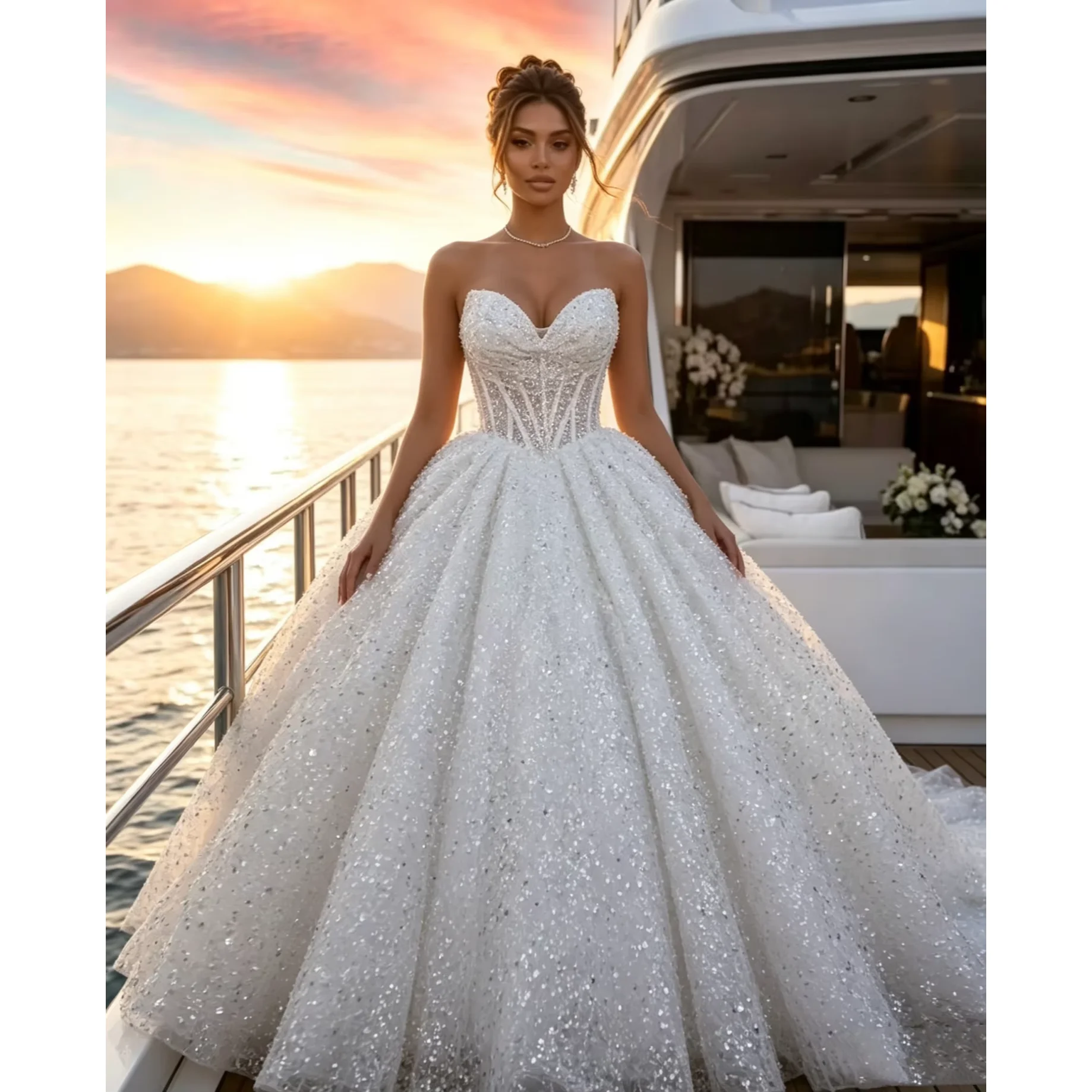 Luxuriöses Funkelndes Glitzer-Ballkleid Trägerloses Sweetheart-Korsett Hochzeitskleid Kathedrale-Schleppe Brautkleid Maßanfertigung
