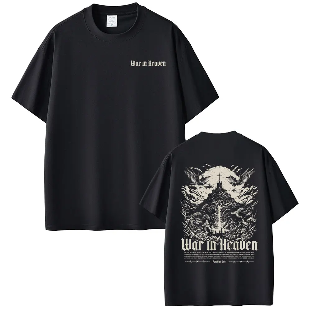 

Christian Religious Jesus War in Heaven Double Sided Print T-shirt Men Women Casual Oversized T Shirts Male Hip Hop Streetwear