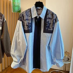 Spring And Summer New Plus Size 150 KG Niche Design Print Spliced Striped Long-Sleeved Shirt Women's Loose Shirt Lapel Top