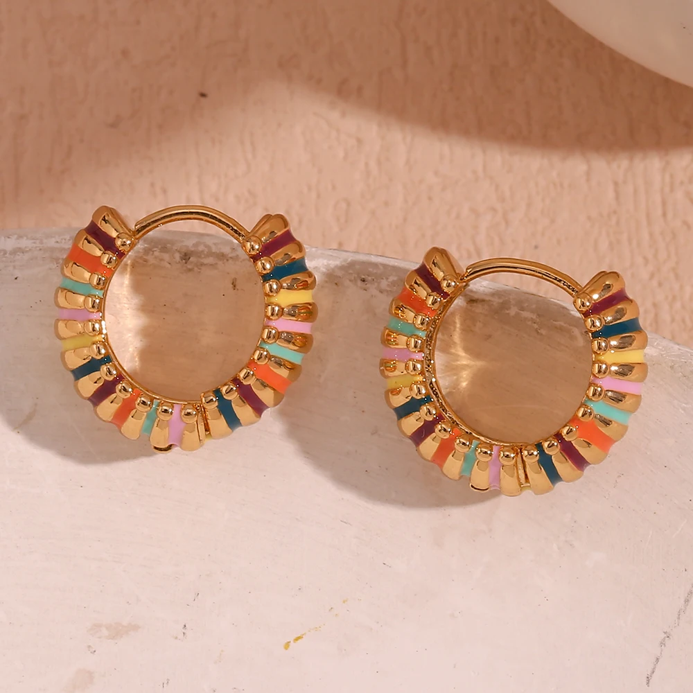 E.B.belle Hypoallergenic Colorful Enamel Round Circle Textured Caterpillar Hoop Earrings Gold Plated Stainless Steel Earring
