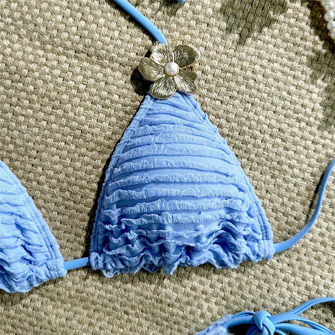 Zweiteiliges Bikini-Set mit Metallblumen-Design, Neckholder-Bikini, Damen-Badeanzug, Damen-Bademode, geraffter, gepolsterter Badeanzug, Badebekleidung, Modell V7478. – Detail 28