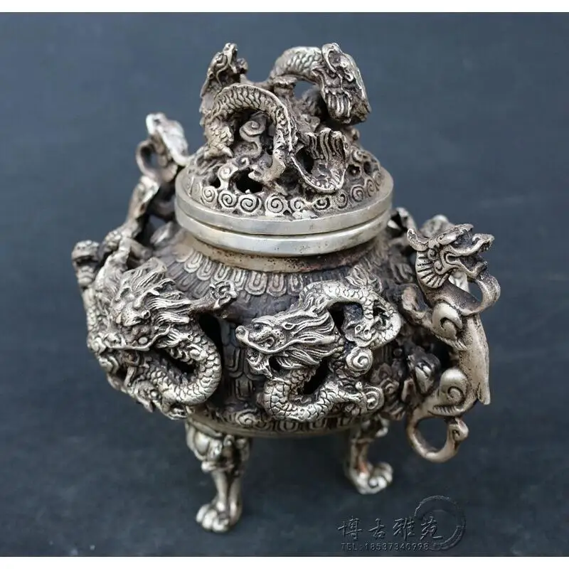 Chinese Pure Copper Silver Plated Nine Dragon Incense Burner Xuande Style Censer Antique Collectible Home Decor Craft
