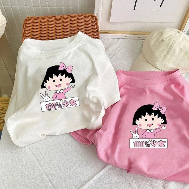 

New Cute Cartoon Chibi Maruko-Chan Pure Cotton Short Sleeve New Summer Little Girl Round Neck Girl Top Fashion Birthday Gift
