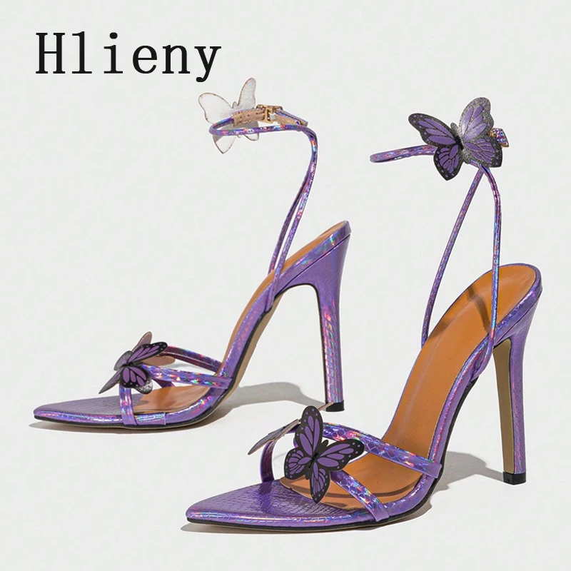 Hlieny الصيف موضة فراشة عقدة مثير أشار تو الكاحل حزام الصنادل امرأة خنجر عالية الكعب مأدبة أحذية الحفلات