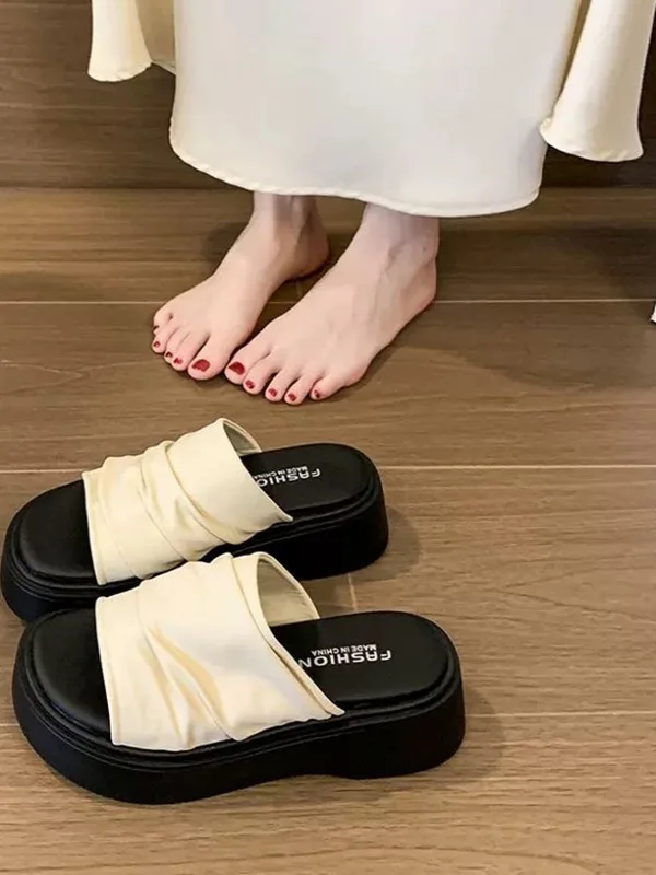 

Women's Summer Thi Bot Wavy Leather Sandals Indoor Outdoor Wear Beach Casual Slip-On oes Korean Sle mid Heel