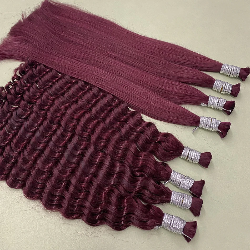 Straight Curly Deep Wave Human Hair Weave Bundles 99J Red Hair Bulk Extensions For Women Brazilian Burgundy 3/4 Bundles Bulk