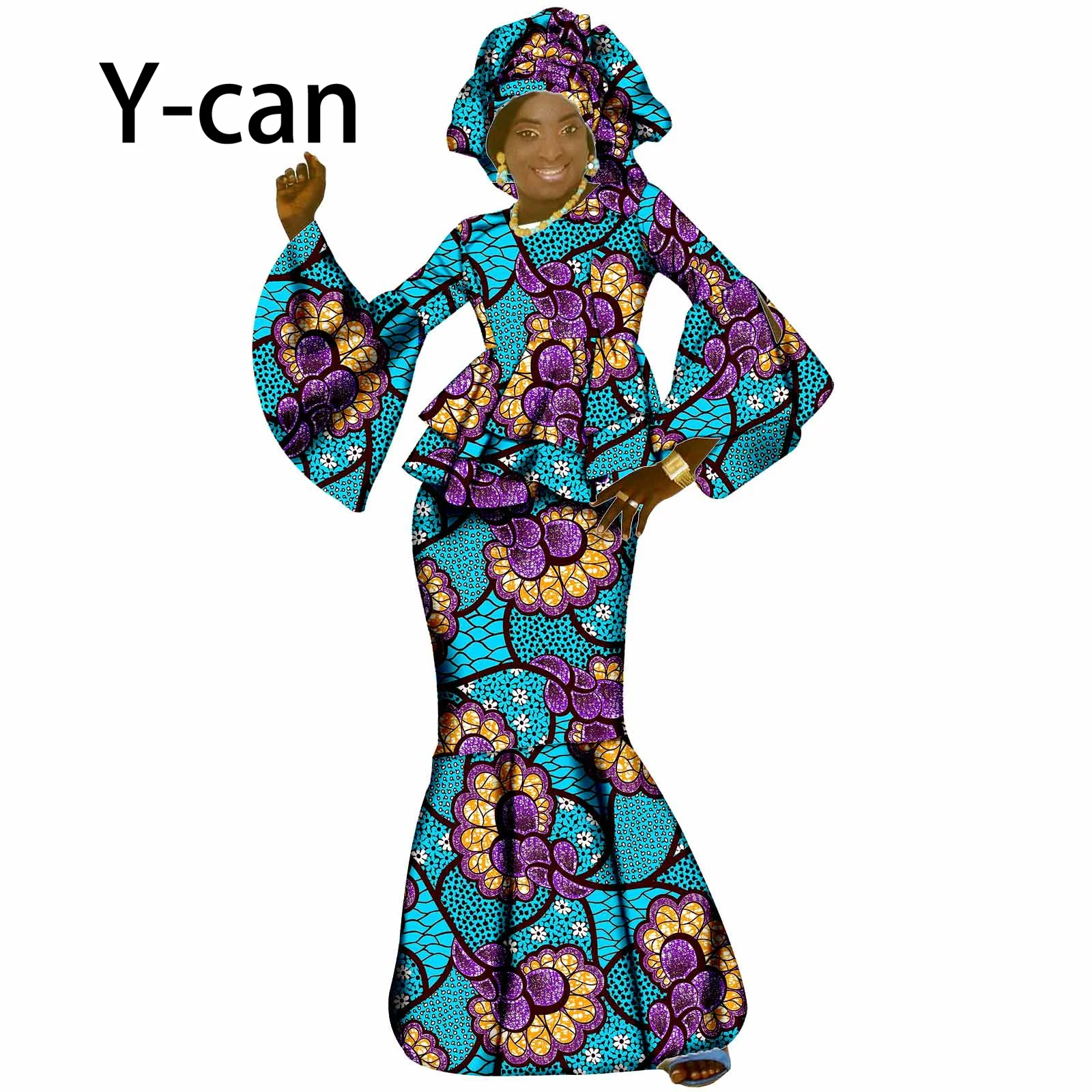 African Clothing for Women Traditional Dashiki Trumpet Sleeve Top Mermaid Skirts Tribal Headwarp Headtie Vintage Dress S1926029