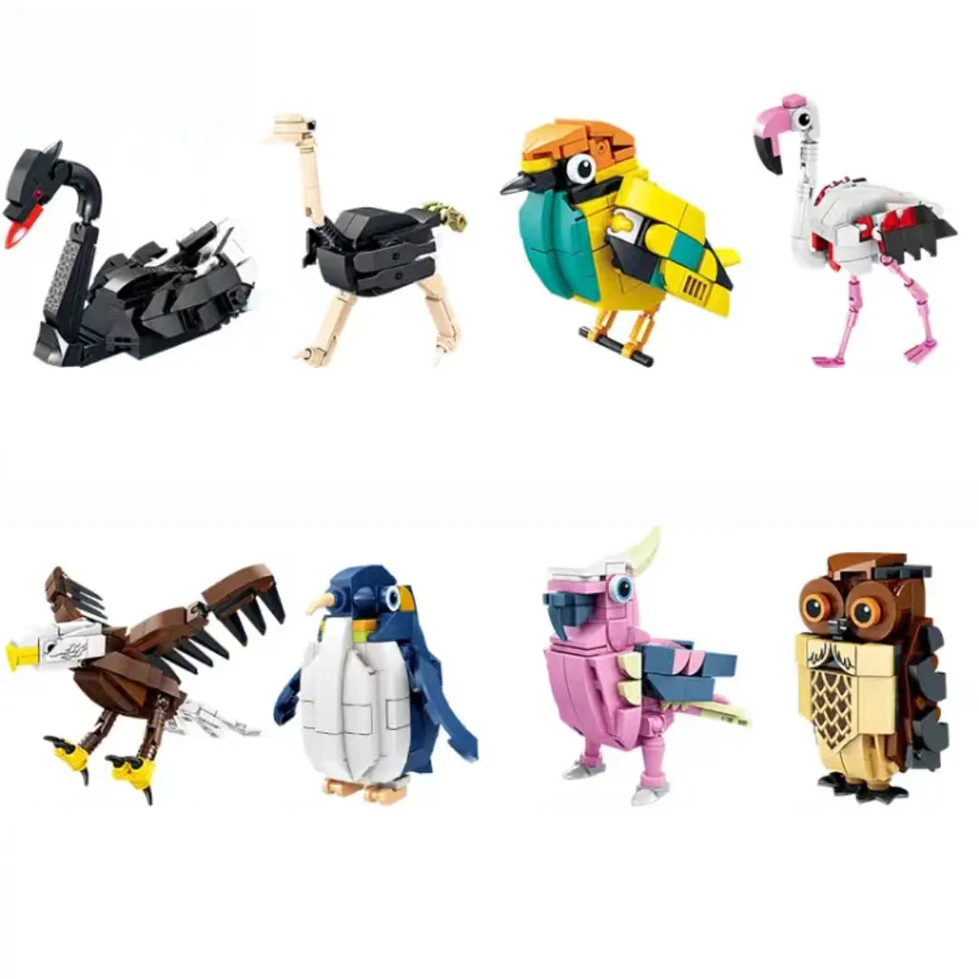8pcs/set Birds Animal Steam Cognitive Eagle Flamingo Owl Penguins Building Blocks Educational Bricks Cognition Toys For Children