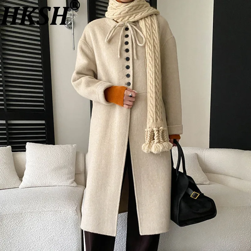 

HKSH осень-зима новое женское длинное пальто с круглым воротником однобортное с карманами однотонное элегантное модное толстое пальто HK16406