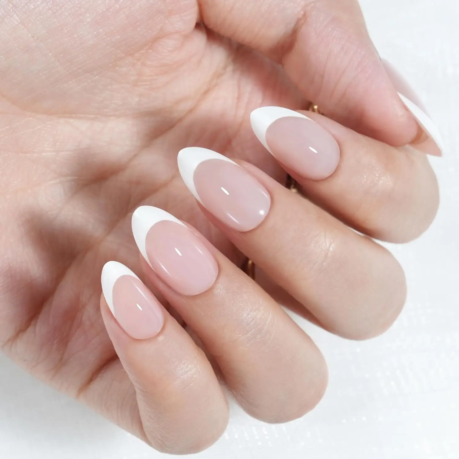 

24Pcs French False Nails Almond Fake Nails with Glue Press on White Edge Design Wearable Simple Ins Pink Stiletto Nail Tips