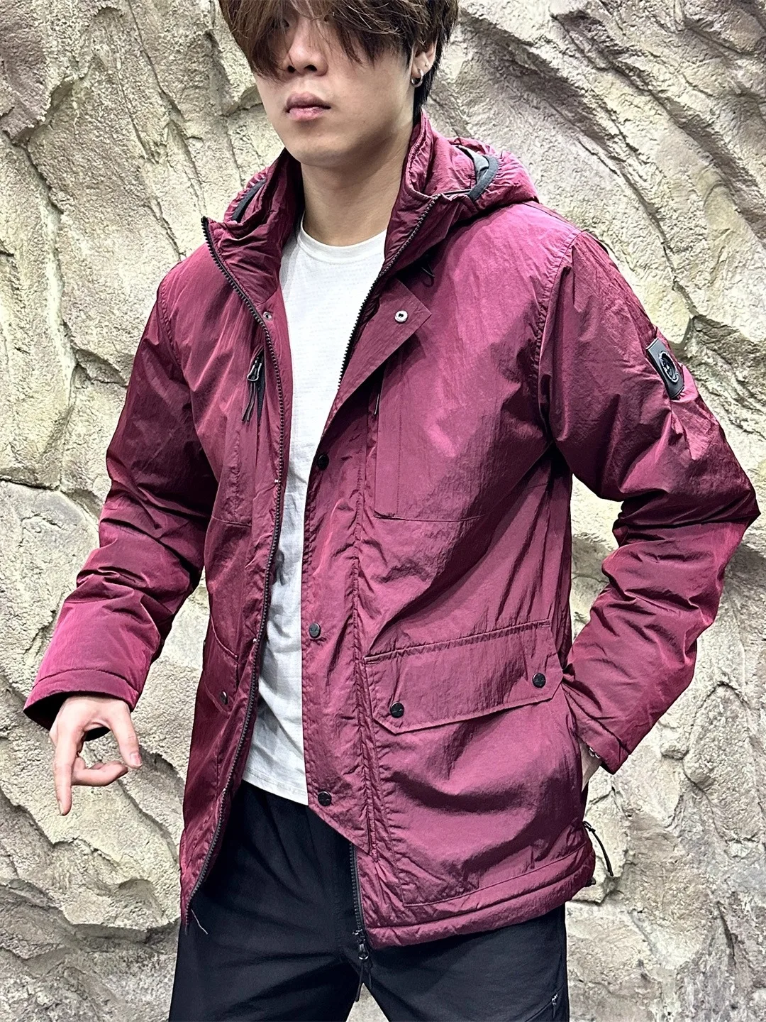 

Youth Trendy Nylon Metal Jaet Men's Outdoor Workwear Cotton Jaet Coat Hooded Warm Long Sve Stand Fit Pure Color