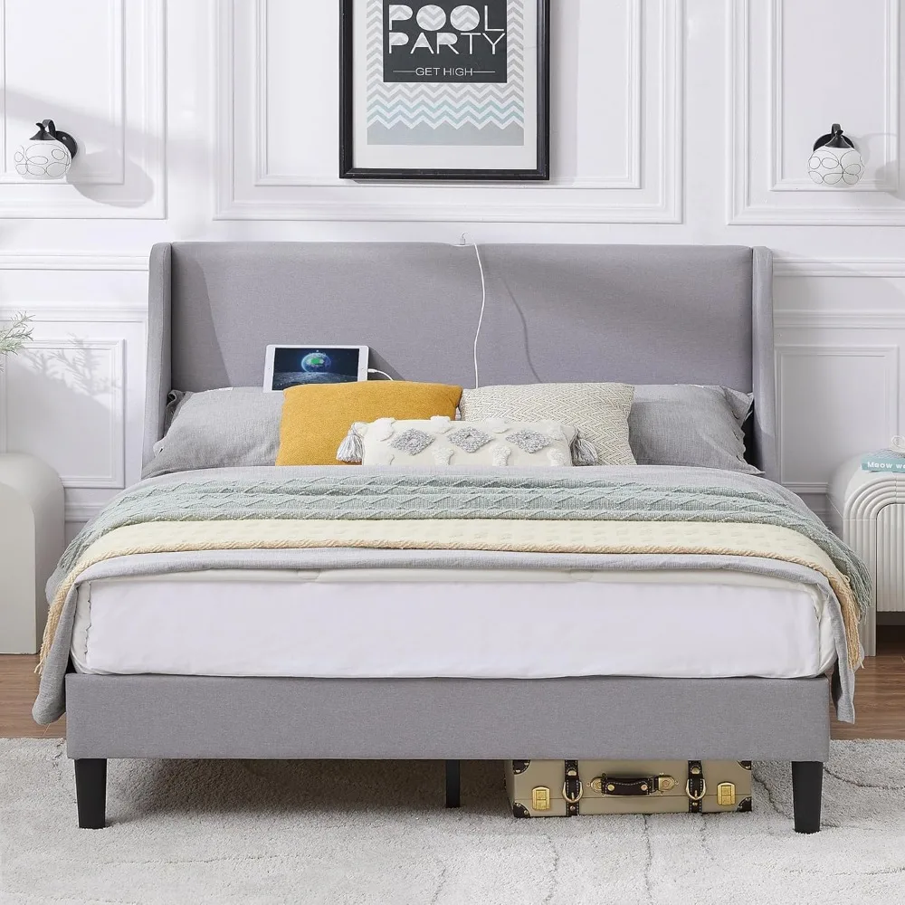 

VECELO Full Bed Frame with Upholstered Wingback Headboard, Heavy-Duty Platform Bedframe with Charging Station & Side Pockets, No