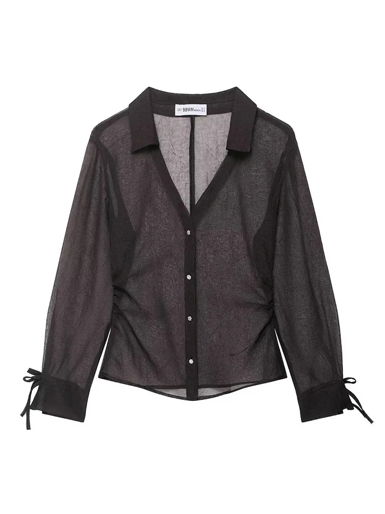 

HH Women Autumn Fashion Vintage Bow Decorative Translucent Shirt Female Temperament Single Breasted Slim Long Sleeve Shirt