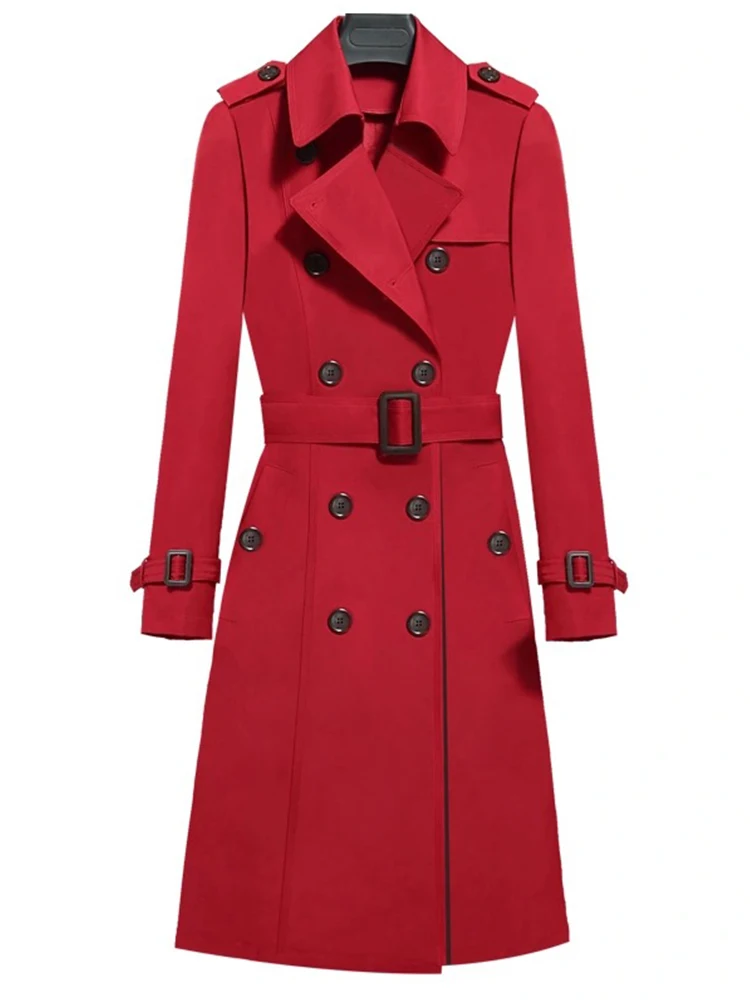 FTLZZ New Autumn Winter Women Vintage Turn-down Collar Double Breasted Long Trench Casual Ladies Slim Trench with Belt