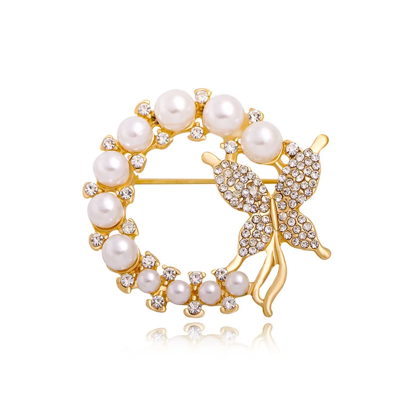 new pearl rhinestone wreath butterfly lady baroque fashion elegant round leaf brooch party wedding gift