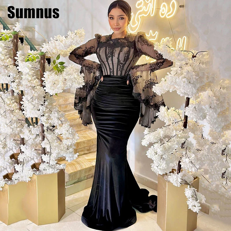 Sumnus Black Mermaid Velour Prom Dresses Elegant Contrast Color Evening Dress Floor Length Lace Formal Gowns Customized