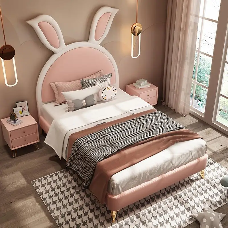 Pink Girl Child Bed Leather And Solid Wood Soft Bedroom Furniture For Kids Cute Cartoon Rabbit Ear Princess Bed Single Girl Bed