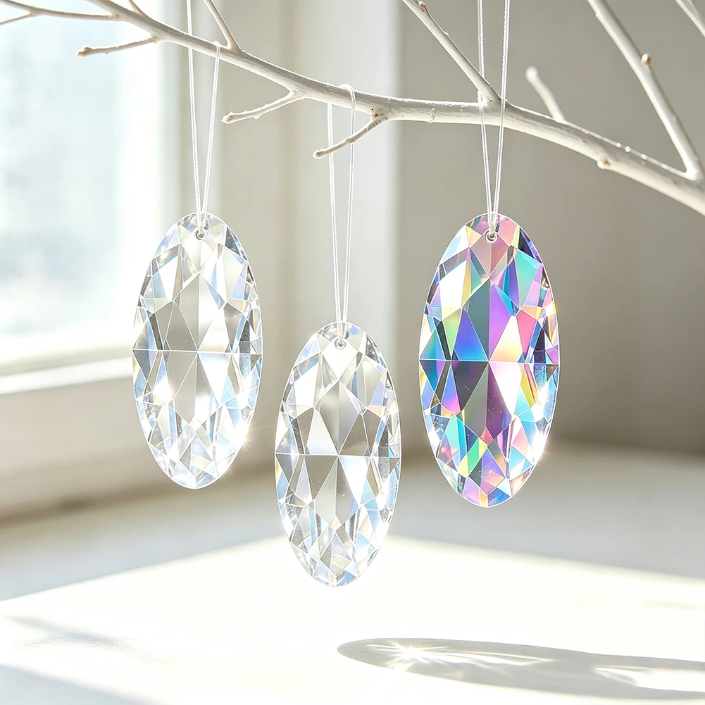 2pcs 90mm 3D Diamond Suncatcher Crystal Prisms Hanging Oval Glass Pendant Light Catcher Rainbow Feng Shui Decor Meditation Space