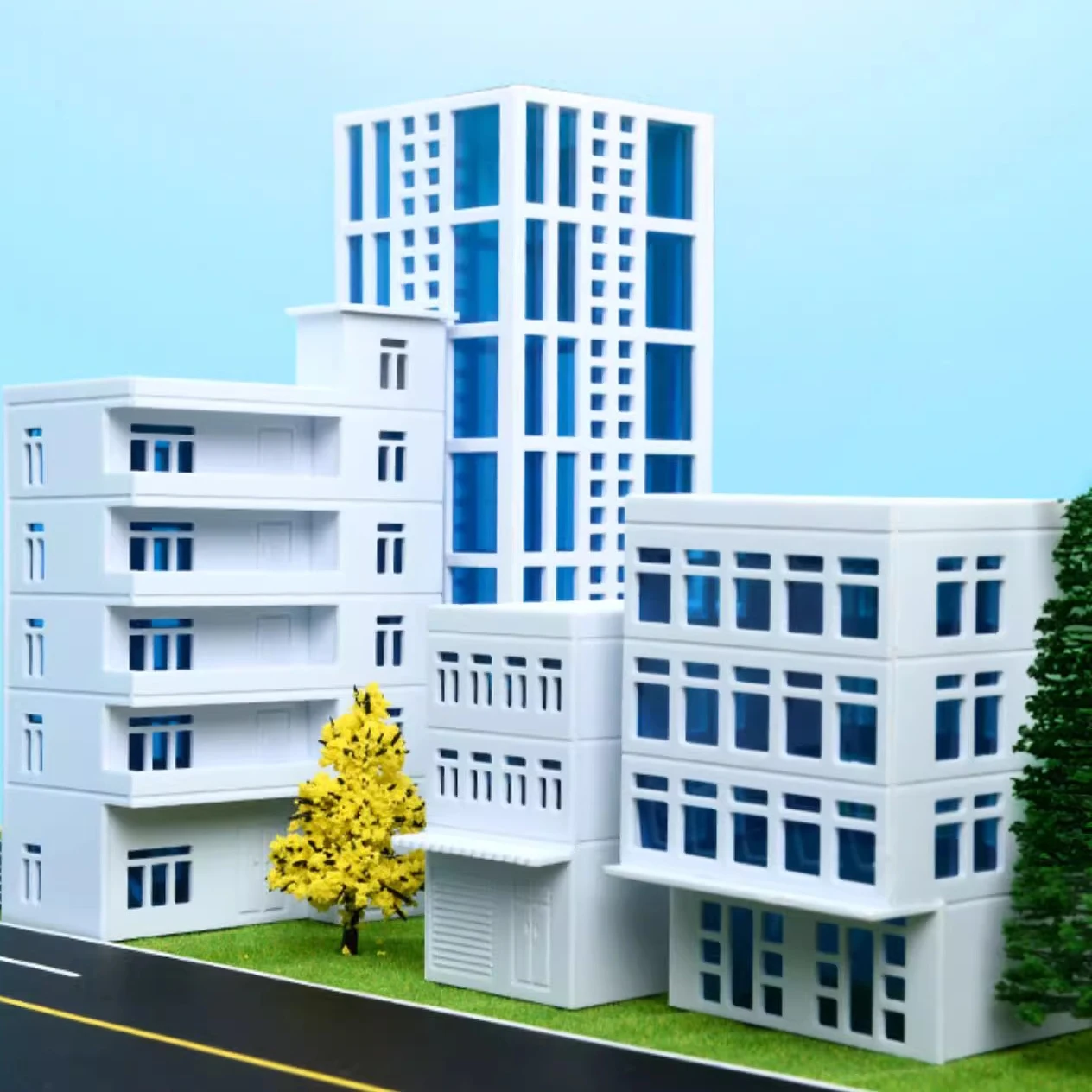 Modele dioramy budynków miejskich w skali 1/150 N do modelarstwa kolejowego, krajobraz uliczny, architektura, materiały budowlane