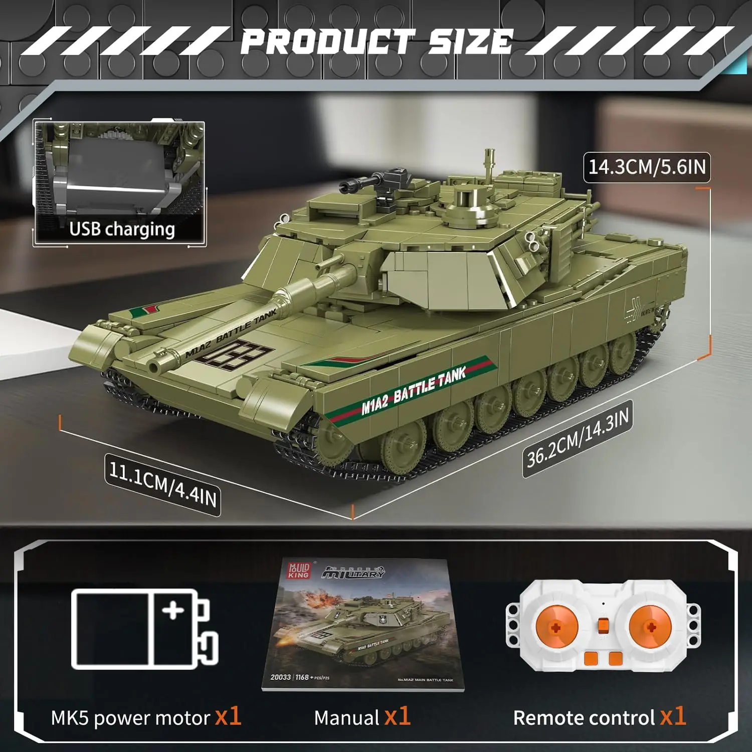 Mould King 20033 1168 PCS Kit de construcción de tanques militares RC, modelo del ejército controlado por aplicación para adultos y adolescentes, regalo de exhibición coleccionable