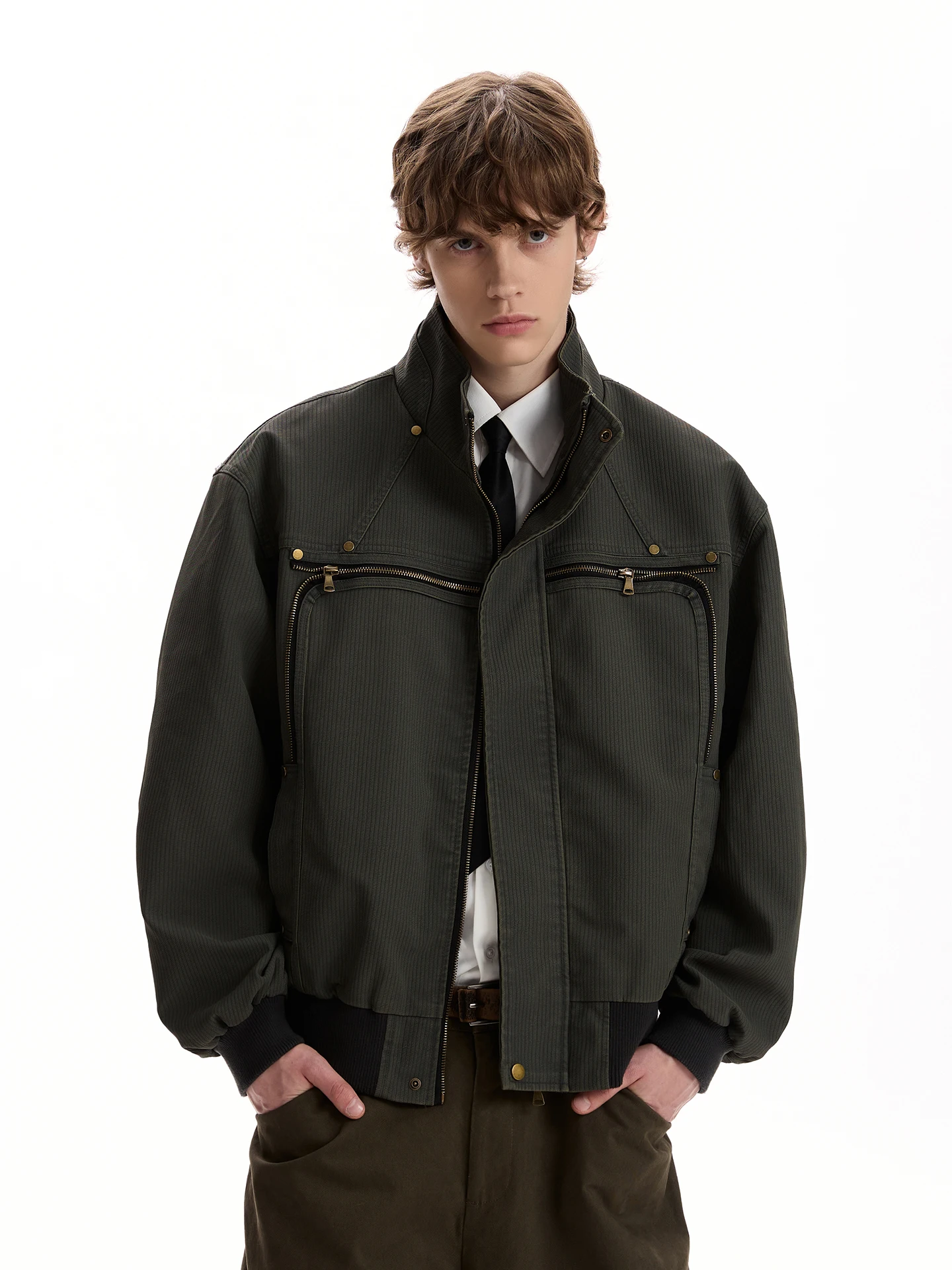 

a PUEE American Retro Zipper Design Stand Collar Jaet ort Sle Men's Workwear Polyester Nylon Cosite Fiber Jaet