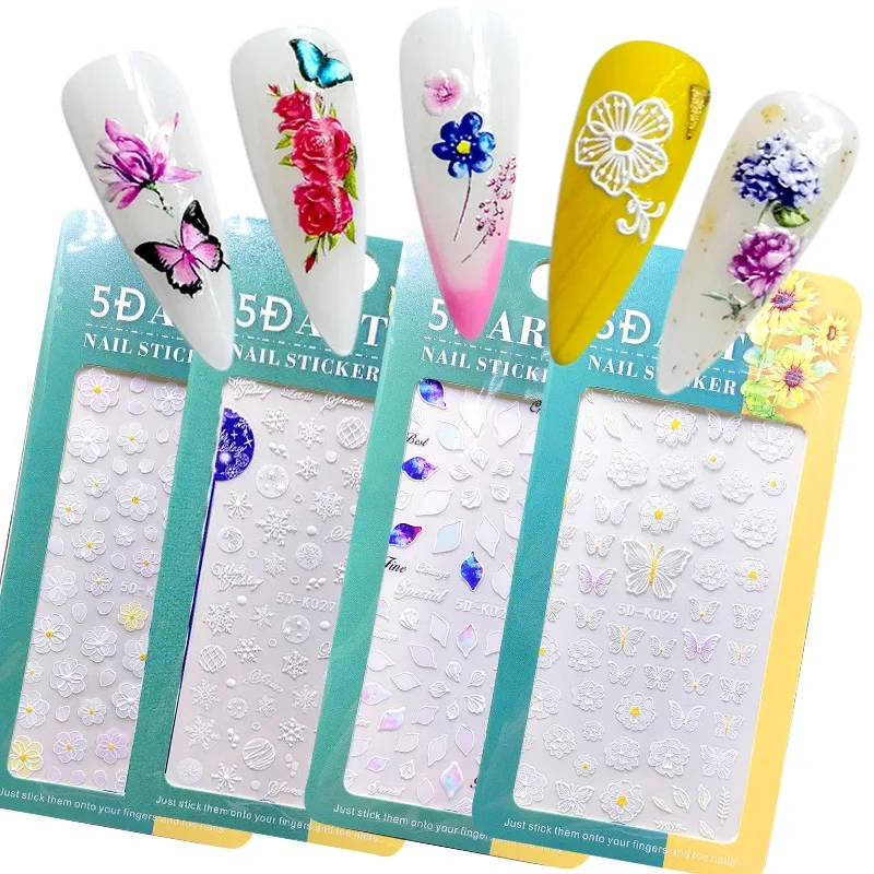 5D Acryl Nagel Aufkleber Gravierte Weiß Schneeflocken Blume Sliders Geprägte Spitze Hochzeit Nail art Design Monogramm Decals Maniküre