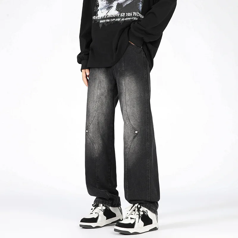 Europe and America style new high street niche jeans men's loose fitting straight leg versatile design patchwork wide leg pants