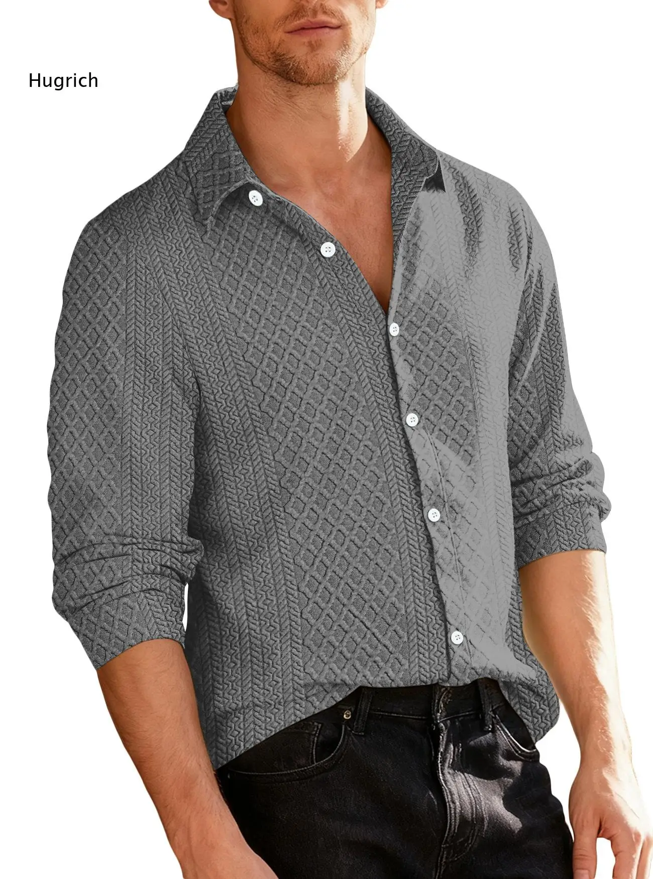 Male Streetwear Vintage Beige Knit Textured Shirt Lapel Collar Full Button Long Sleeve Loose Casual Knitted Top