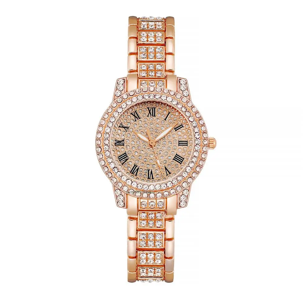 Luxury Women Gypsophila Diamonds Roman Design Gold Quartz Watches Fashion Set Stainless Steel Bracelet Watch Strap Gift Clock