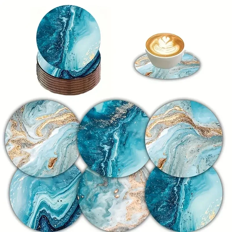 6pcs/set Wooden Coasters for Cups, Marble Patternens for Table Decoration and Holiday Gift
