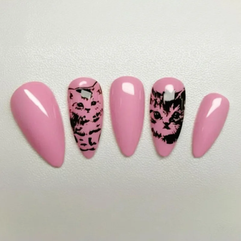 

24PCS Fashionable Pink Almond Stick on False Nail Cute Cat Pattern Simple Ins Nail Tips Art Wearable Glossy Fake Nails for Women