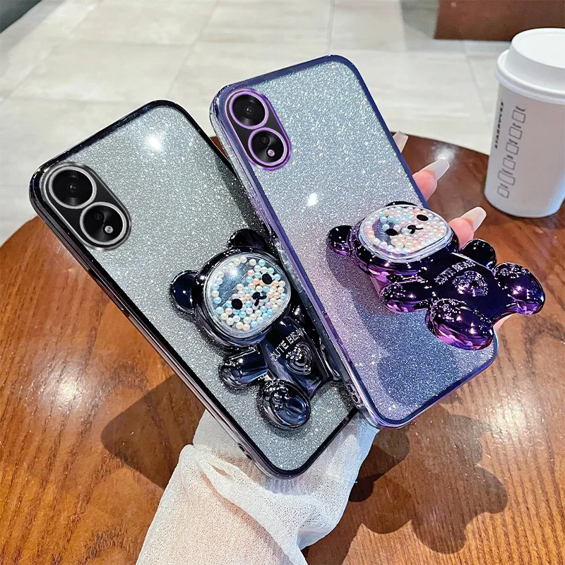 For OPPO A18 Case Soft Silicone Bling Shockproof Electroplated TPU Cell Phone Casing For CPH2591 Back Cover Cute Bear Stand image 5