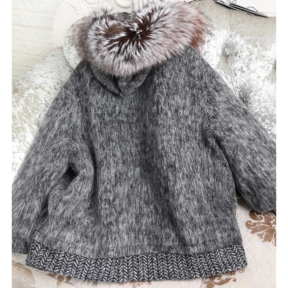 Maomaokong الراقية نسيج الصوف الفاخرة المرأة كبيرة الثعلب الفراء طوق سترة منفوخة الفراء الطبيعي أسفل معطف الشتاء سميكة الدافئة #2